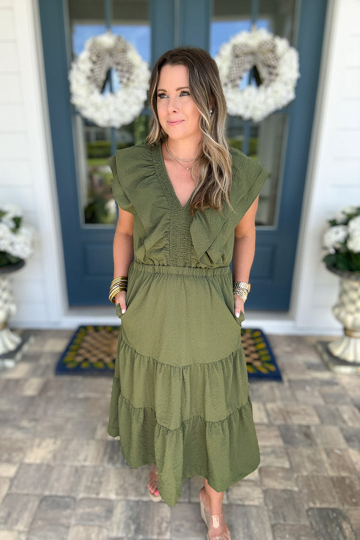 THML: Ruffle Dream Midi Dress - Hunter Green