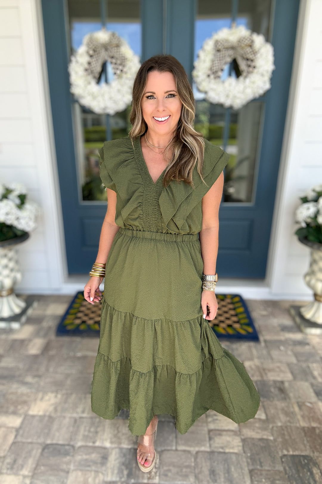 THML: Ruffle Dream Midi Dress - Hunter Green