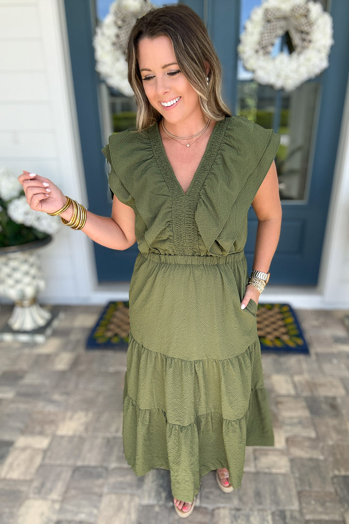 THML: Ruffle Dream Midi Dress - Hunter Green