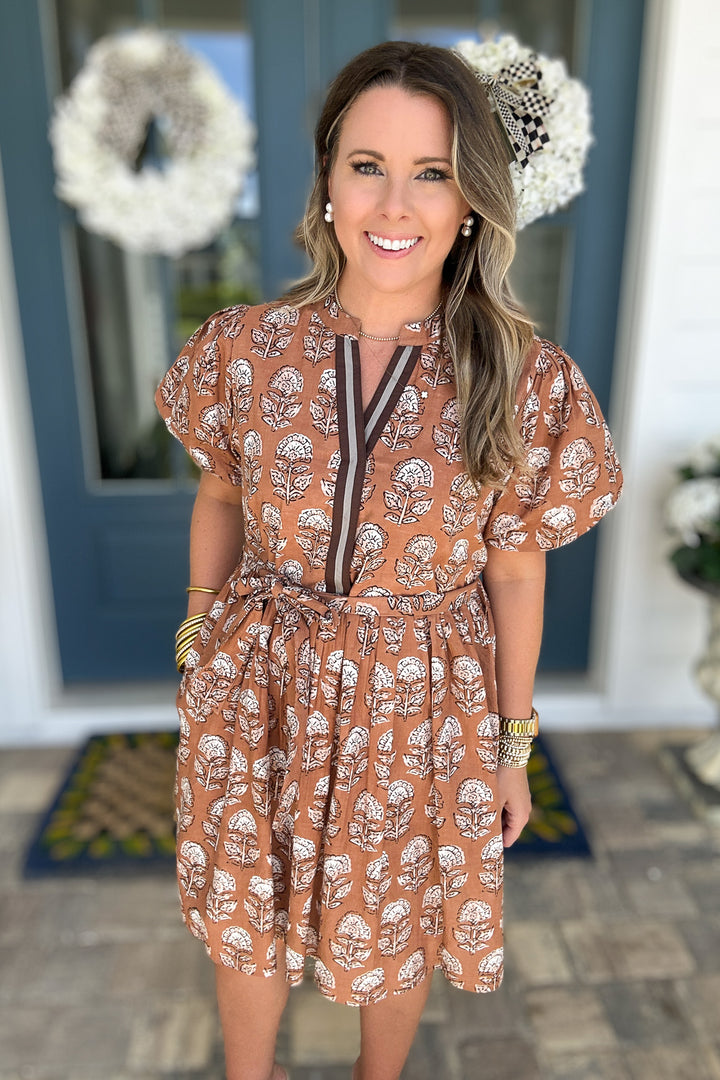 THML: Autumn Block Print Dress - Brown
