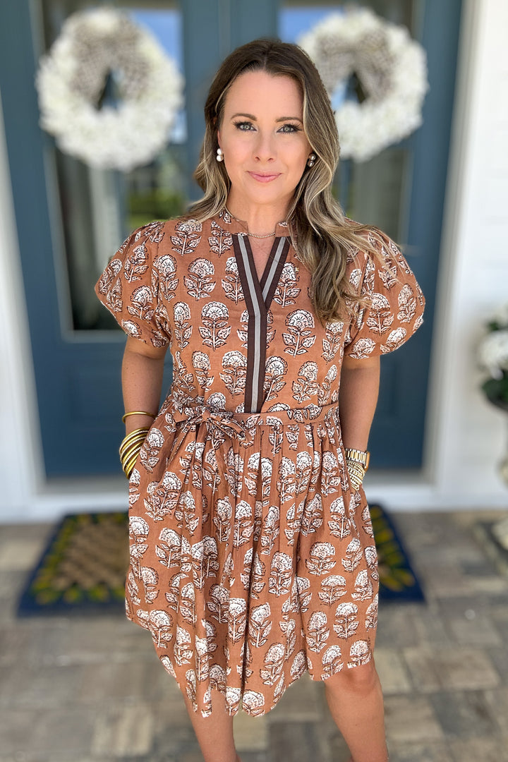 THML: Autumn Block Print Dress - Brown