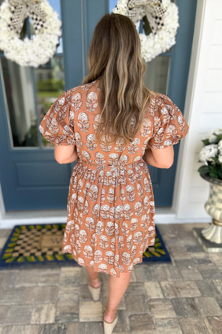 THML: Autumn Block Print Dress - Brown