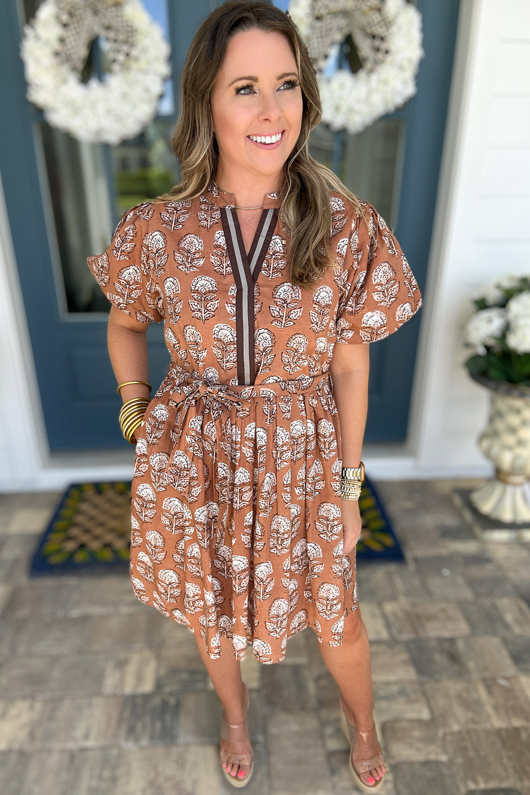 THML: Autumn Block Print Dress - Brown