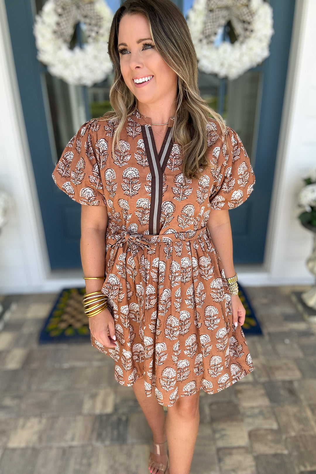 THML: Autumn Block Print Dress - Brown