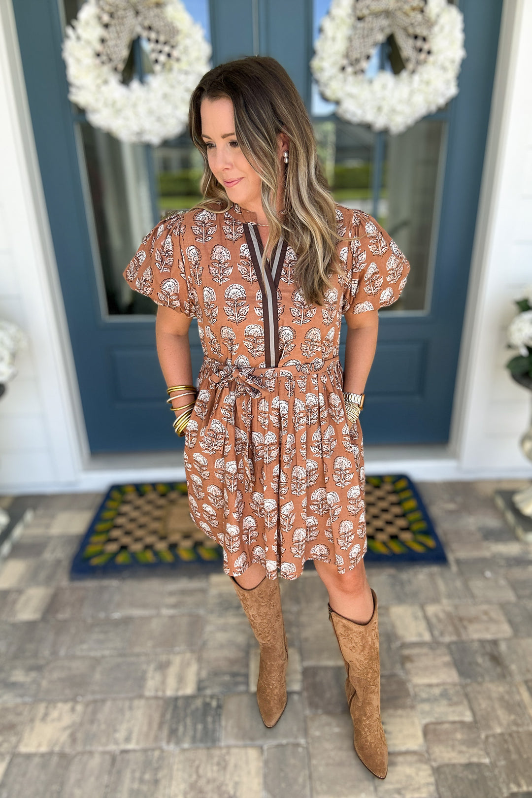 THML: Autumn Block Print Dress - Brown
