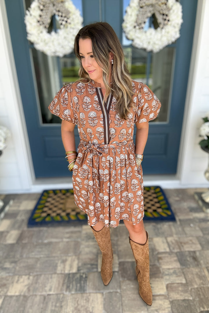 THML: Autumn Block Print Dress - Brown