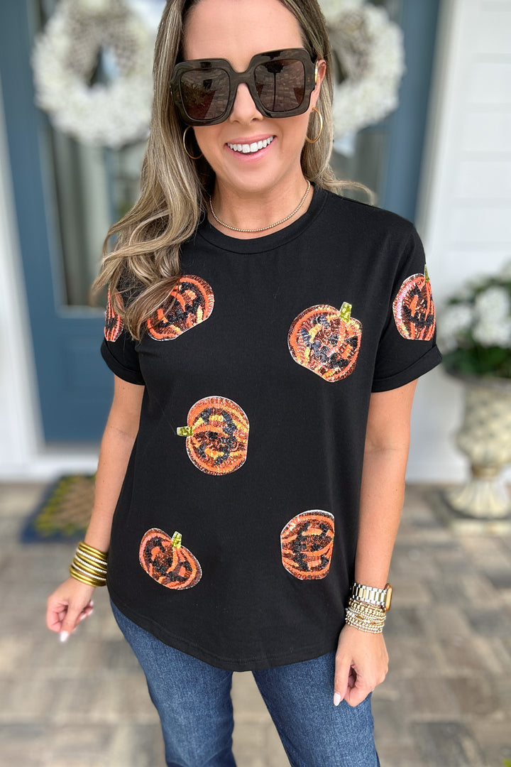 Sequin Pumpkin Patch Tee - Black