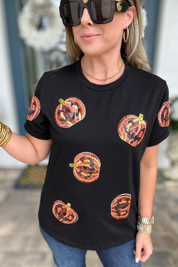 Sequin Pumpkin Patch Tee - Black