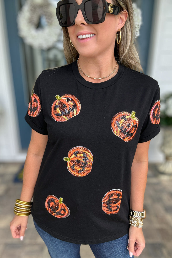 Sequin Pumpkin Patch Tee - Black