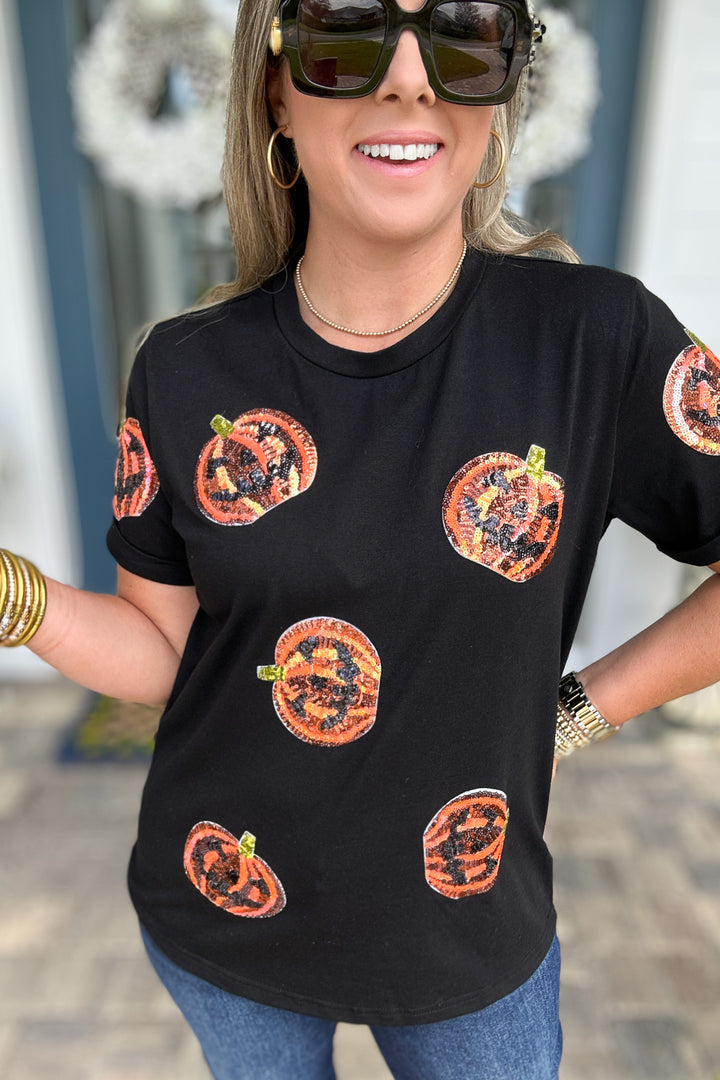 Sequin Pumpkin Patch Tee - Black