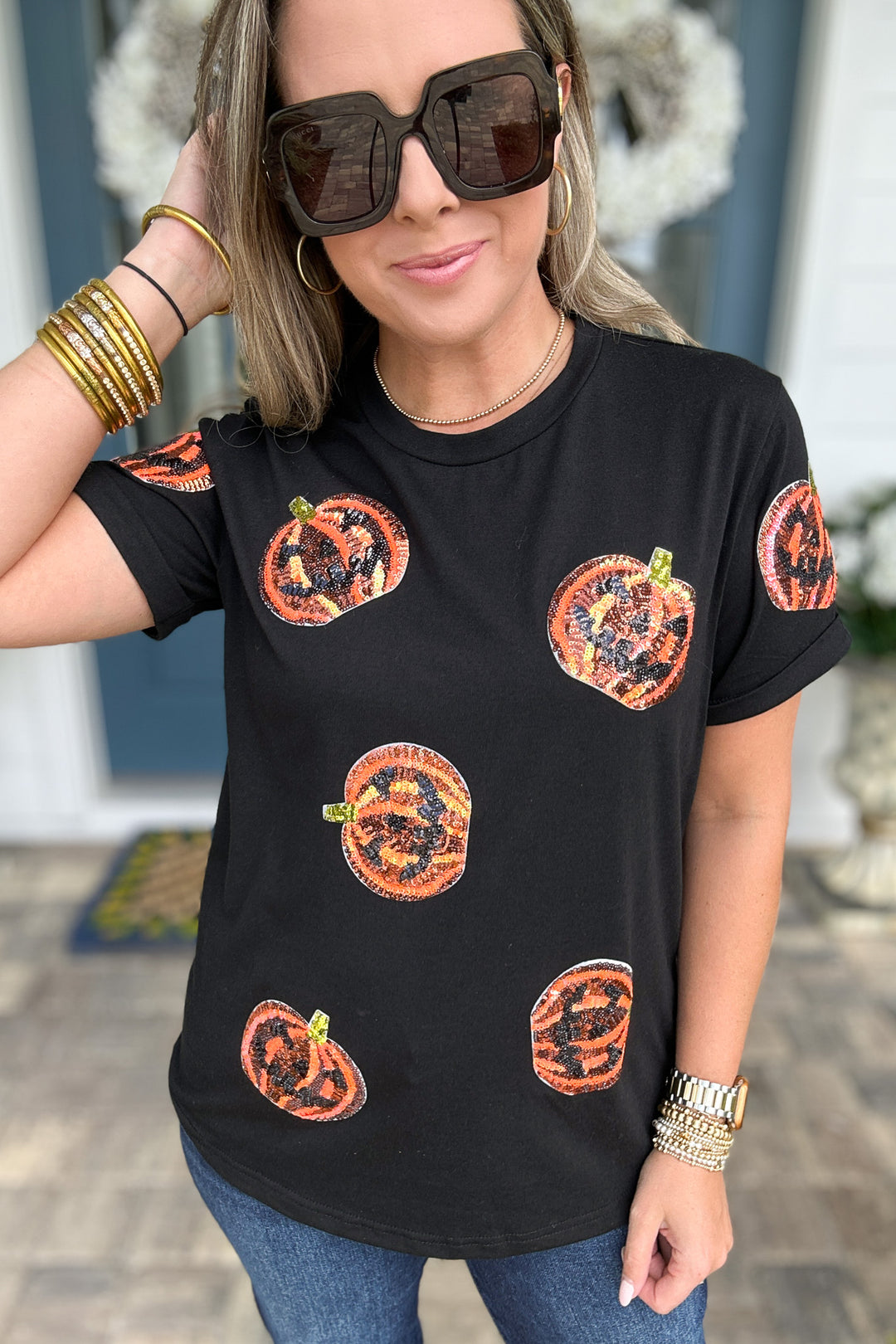 Sequin Pumpkin Patch Tee - Black