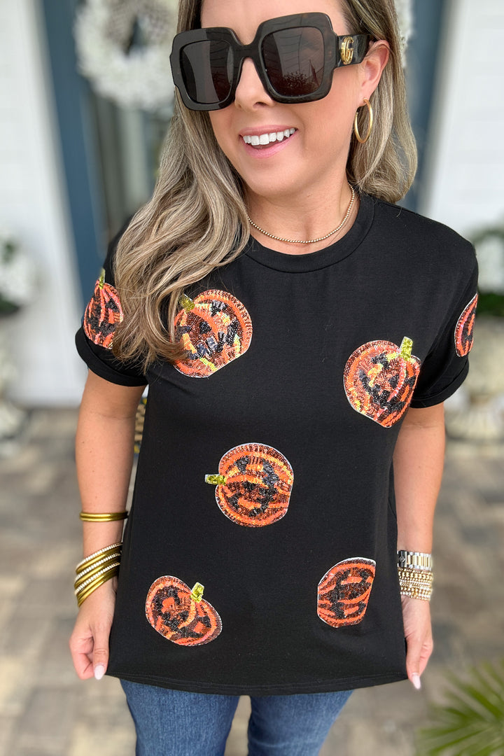 Sequin Pumpkin Patch Tee - Black