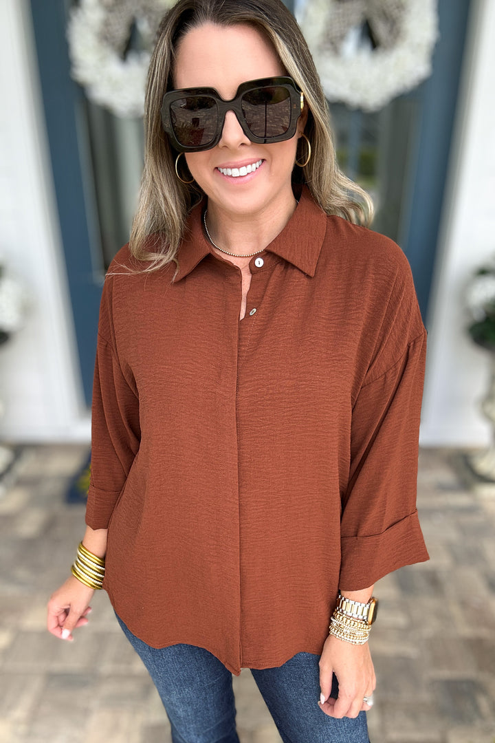 Fold Cuff Detail Button Down Top - Brown