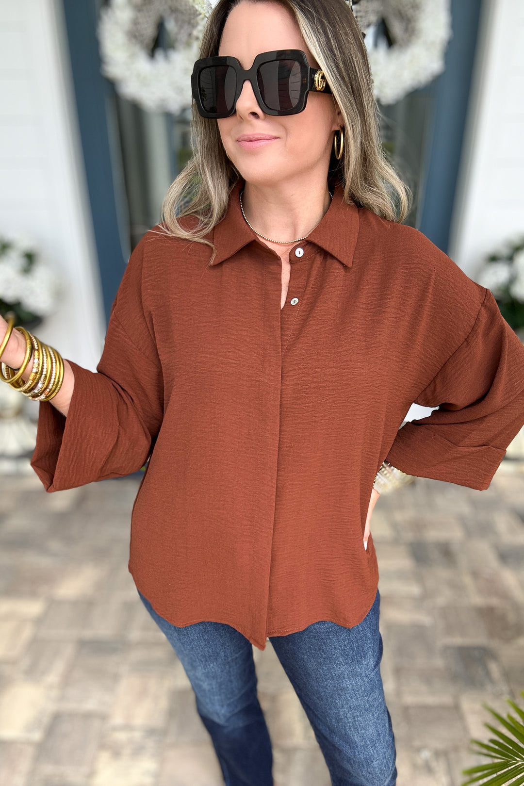 Fold Cuff Detail Button Down Top - Brown