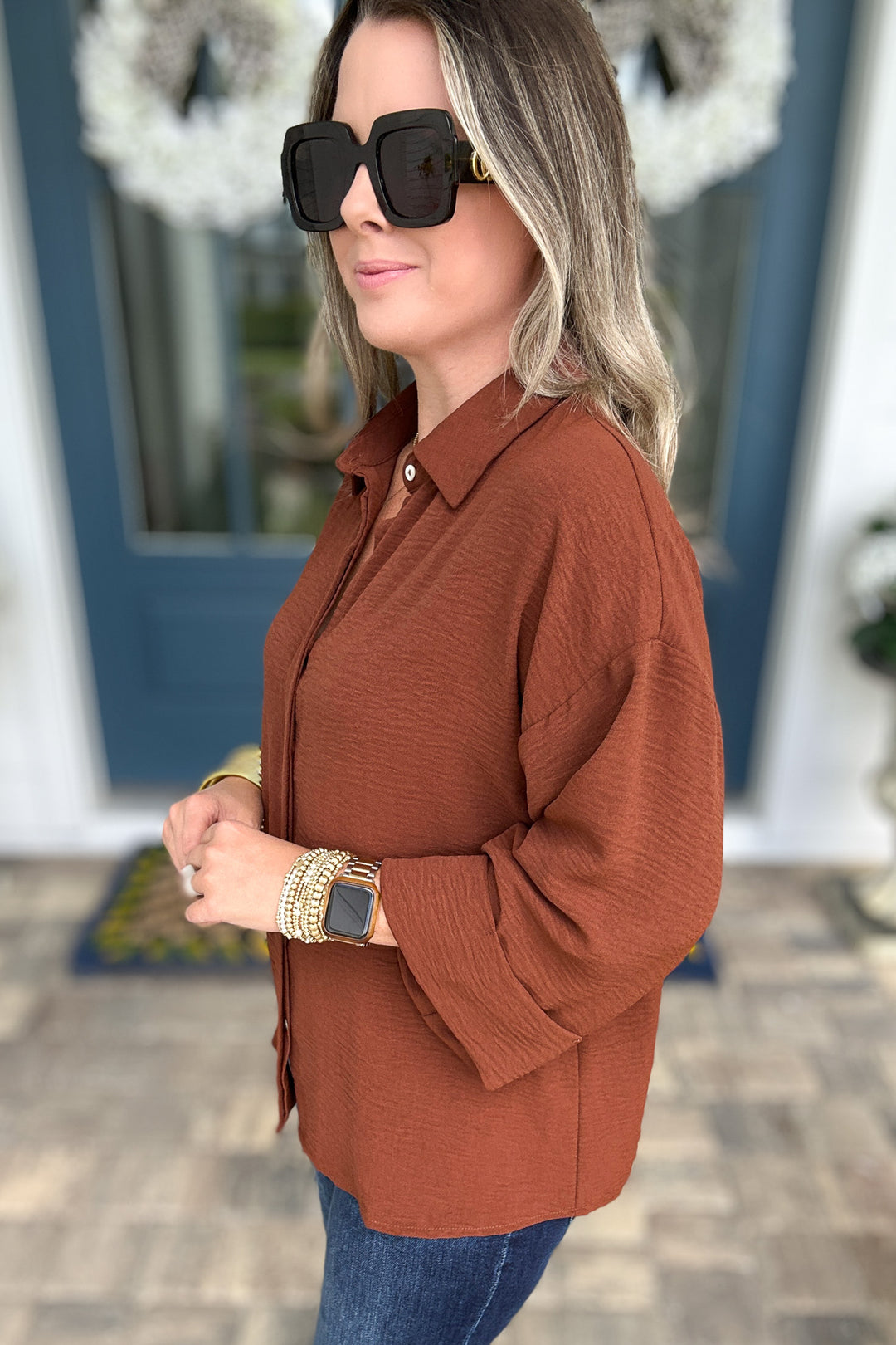 Fold Cuff Detail Button Down Top - Brown
