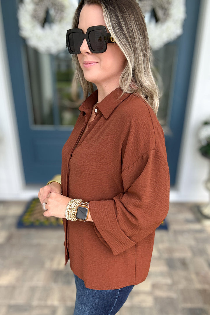 Fold Cuff Detail Button Down Top - Brown