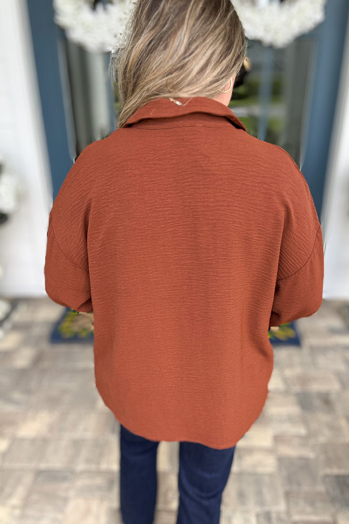 Fold Cuff Detail Button Down Top - Brown