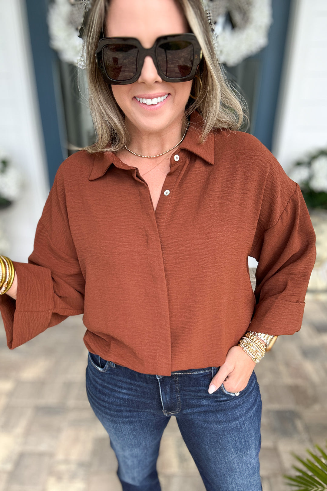 Fold Cuff Detail Button Down Top - Brown