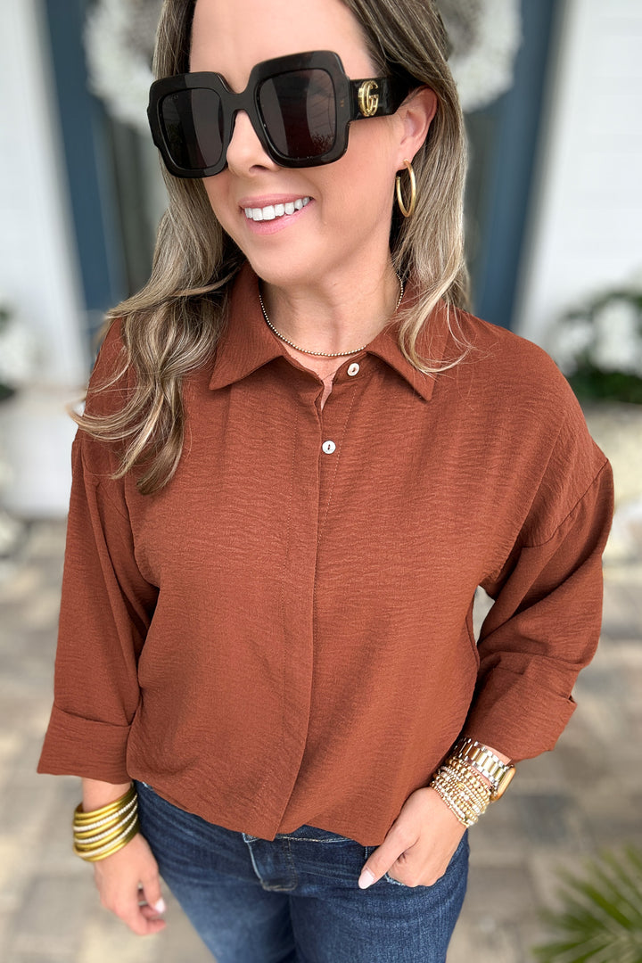 Fold Cuff Detail Button Down Top - Brown