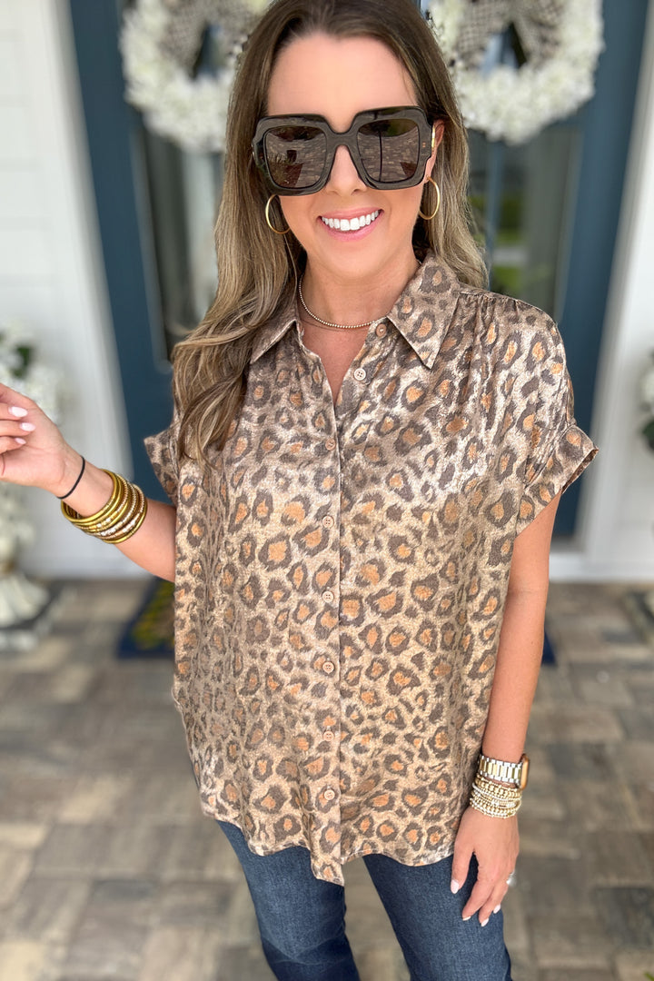 Wild Side Metallic Leopard Button-Up - Toffee