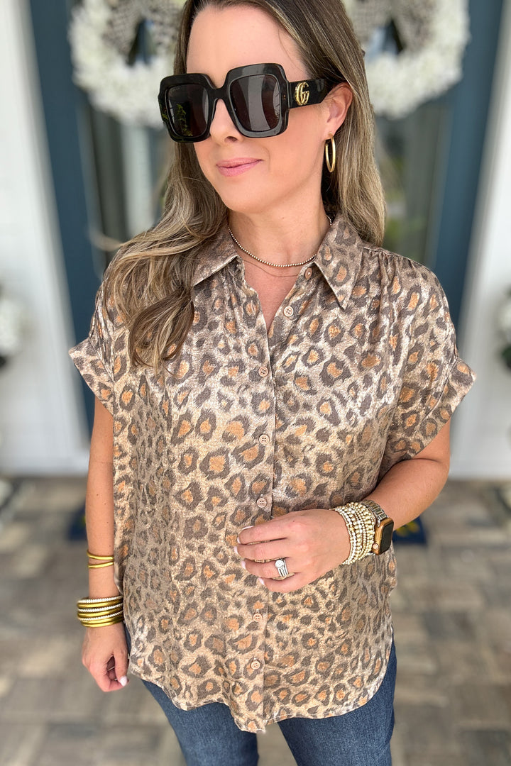 Wild Side Metallic Leopard Button-Up - Toffee
