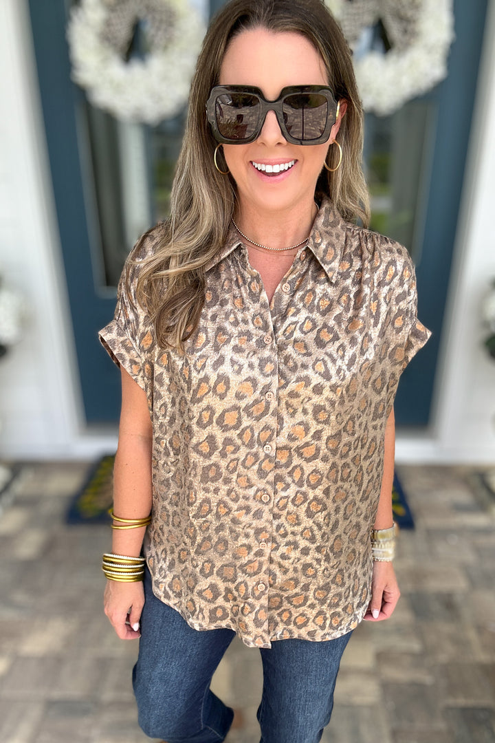 Wild Side Metallic Leopard Button-Up - Toffee