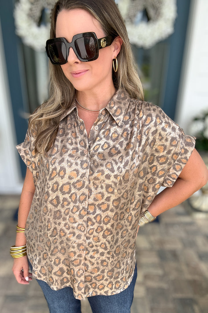 Wild Side Metallic Leopard Button-Up - Toffee