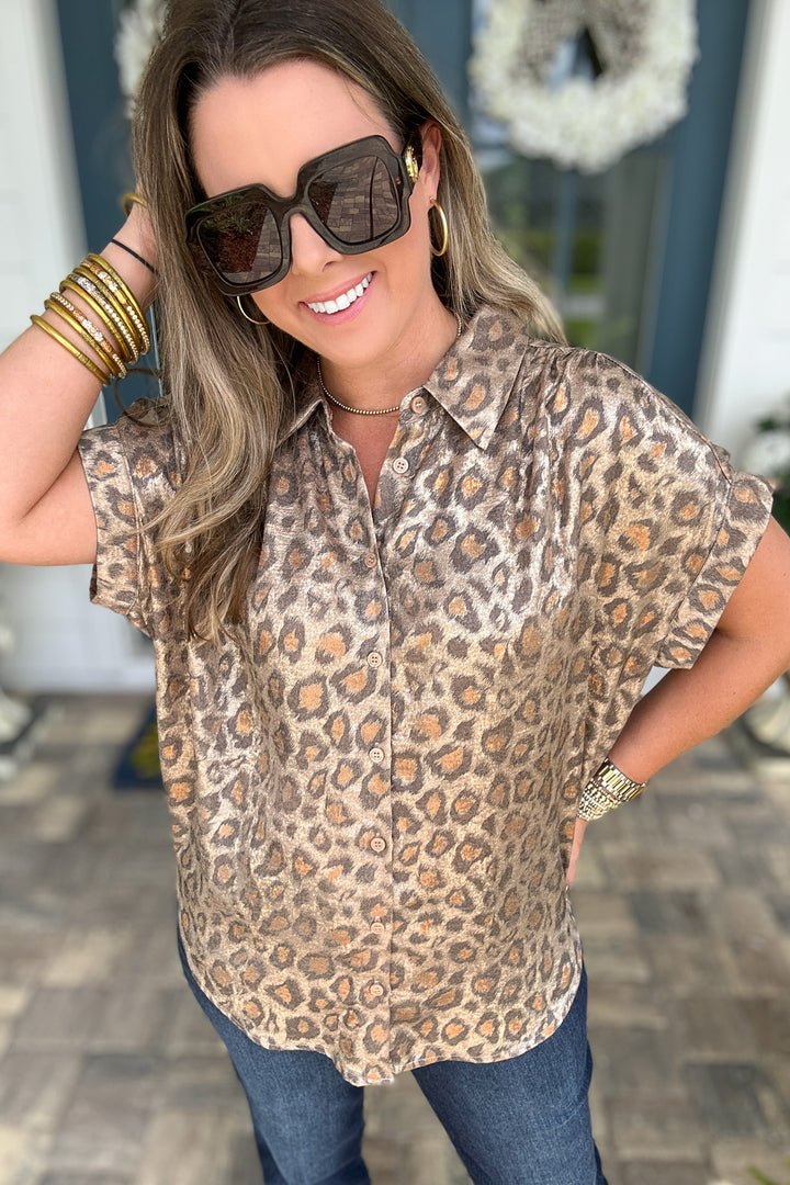 Wild Side Metallic Leopard Button-Up - Toffee