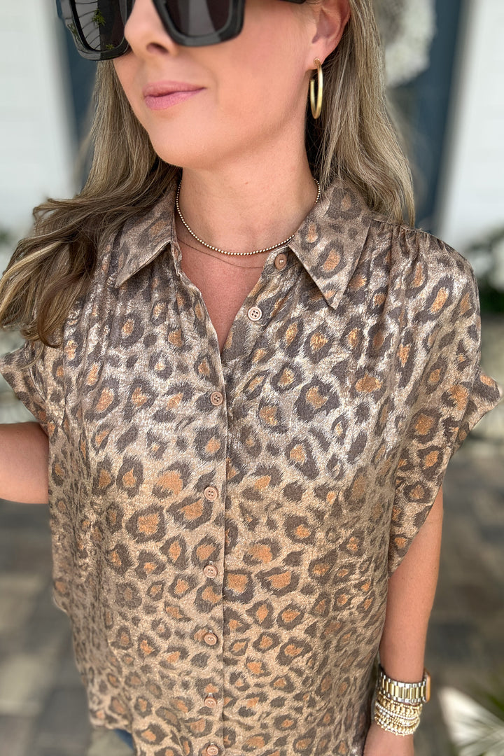 Wild Side Metallic Leopard Button-Up - Toffee