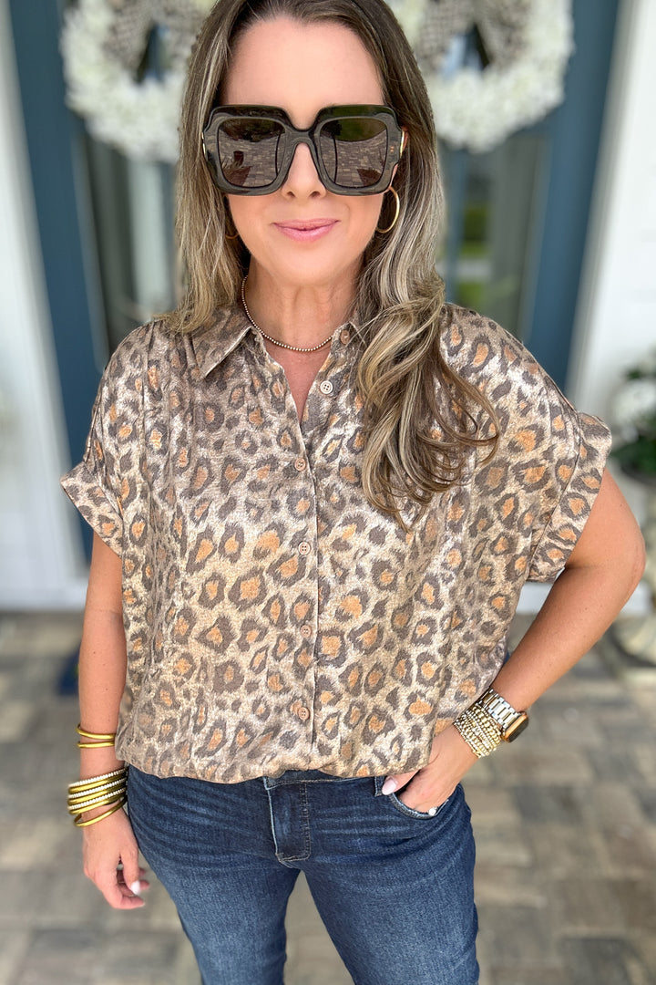 Wild Side Metallic Leopard Button-Up - Toffee