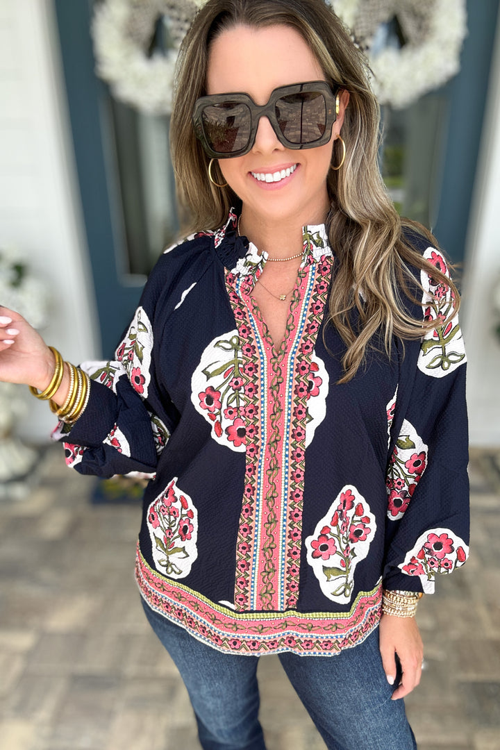 Border Print Garden Blouse - Navy