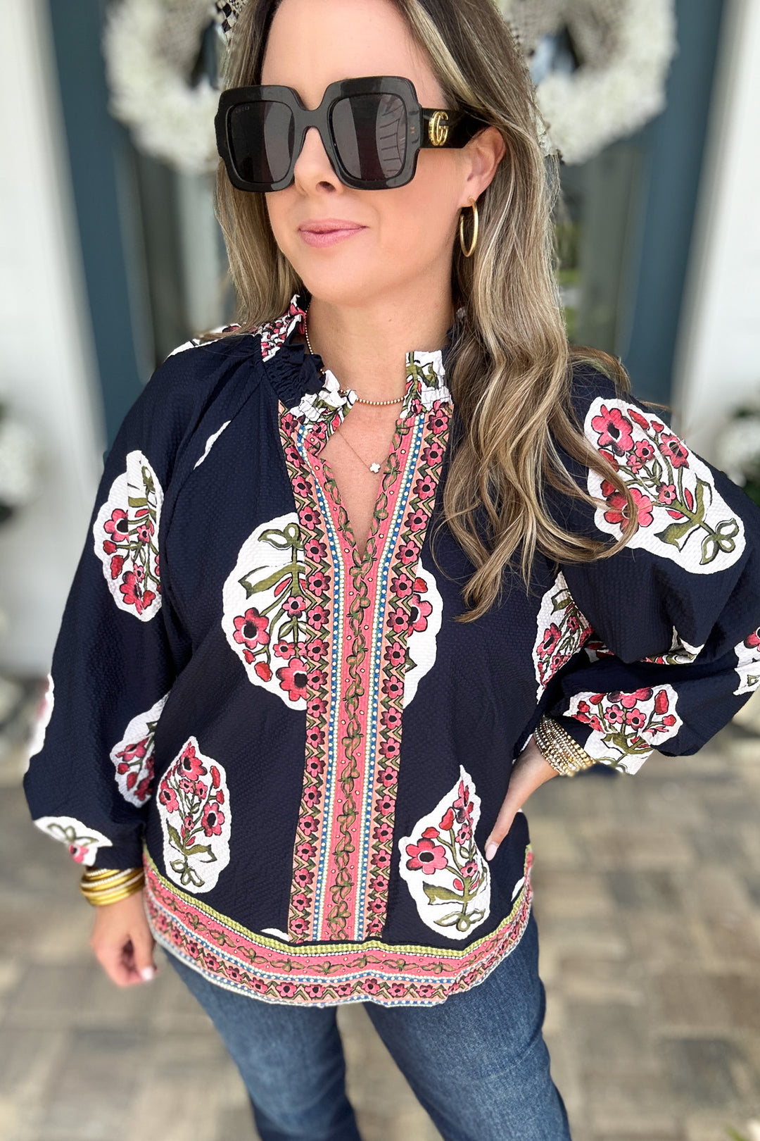 Border Print Garden Blouse - Navy