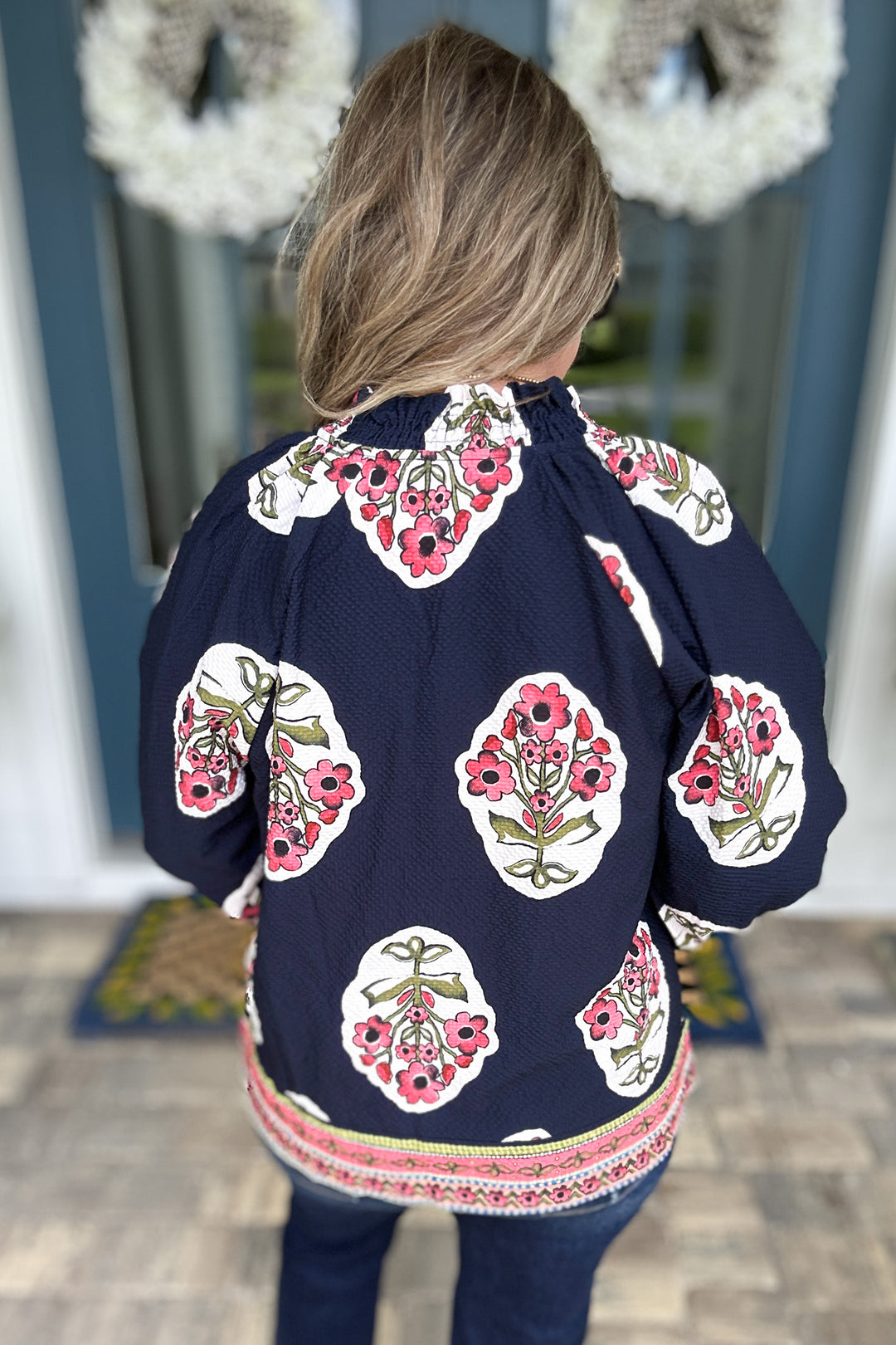 Border Print Garden Blouse - Navy