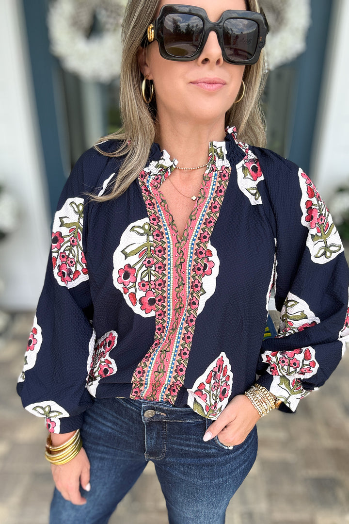 Border Print Garden Blouse - Navy