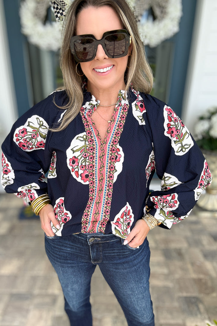 Border Print Garden Blouse - Navy
