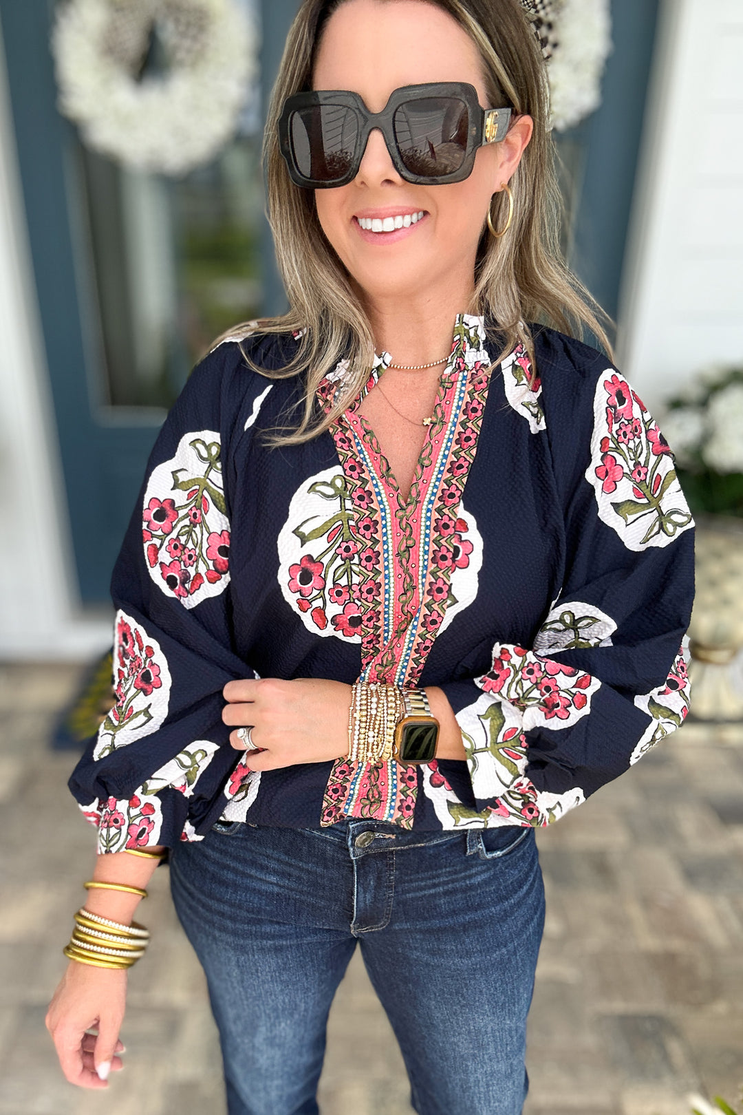 Border Print Garden Blouse - Navy