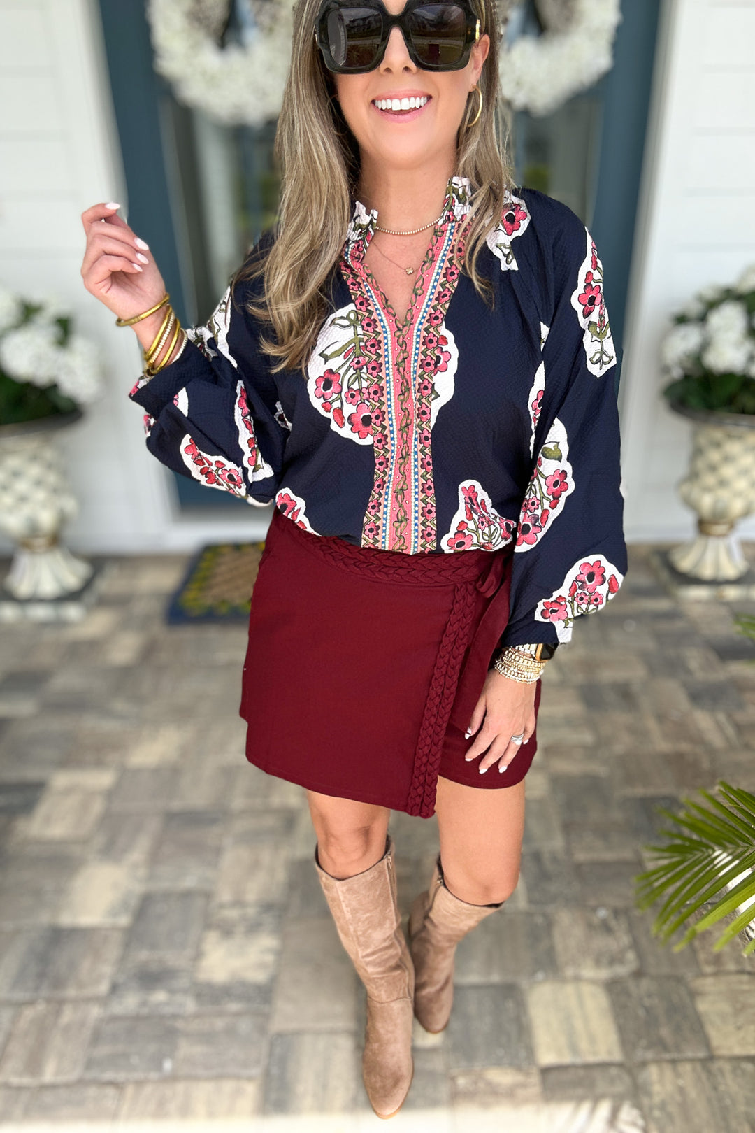 Border Print Garden Blouse - Navy