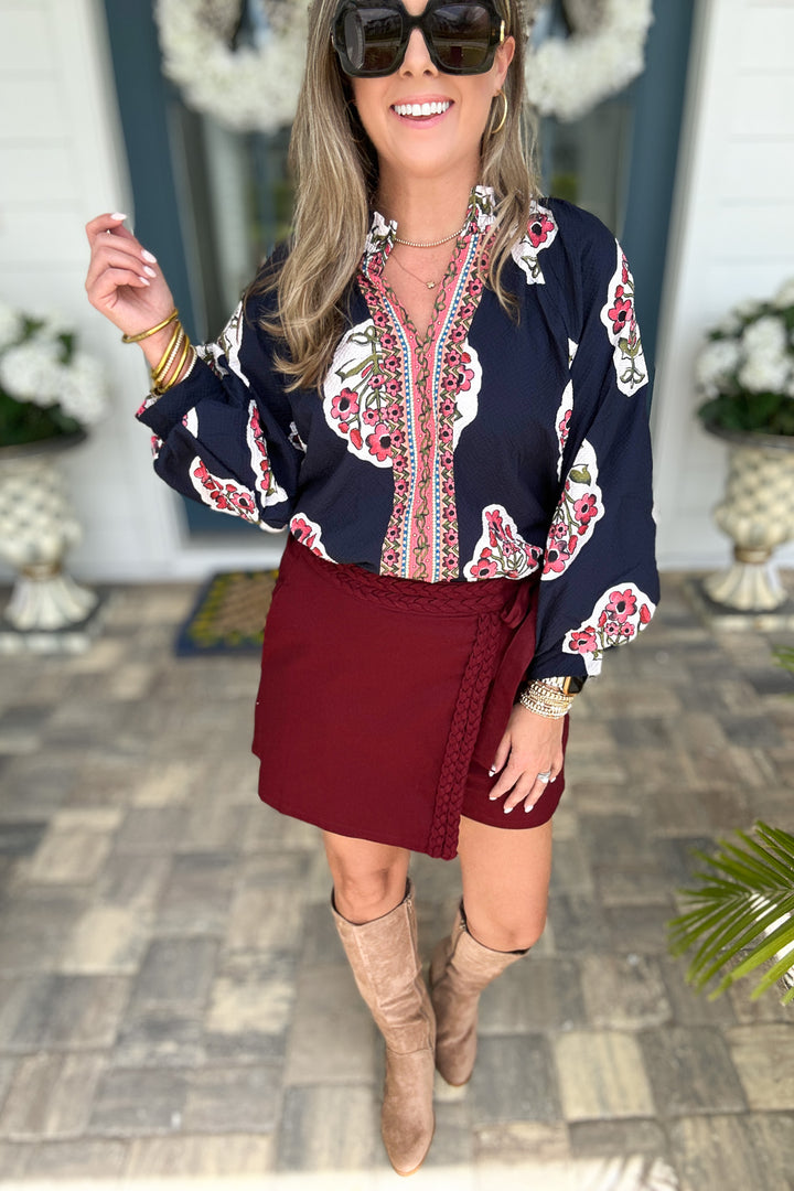 Border Print Garden Blouse - Navy