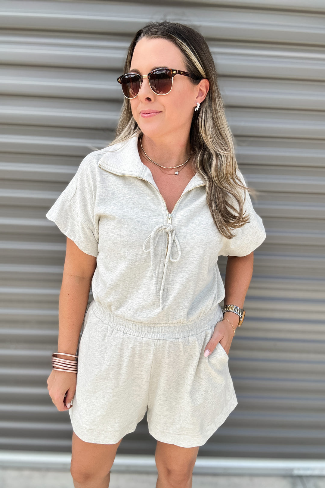 Weekend Ease Zip Bow Scallop Romper - Heather Gray