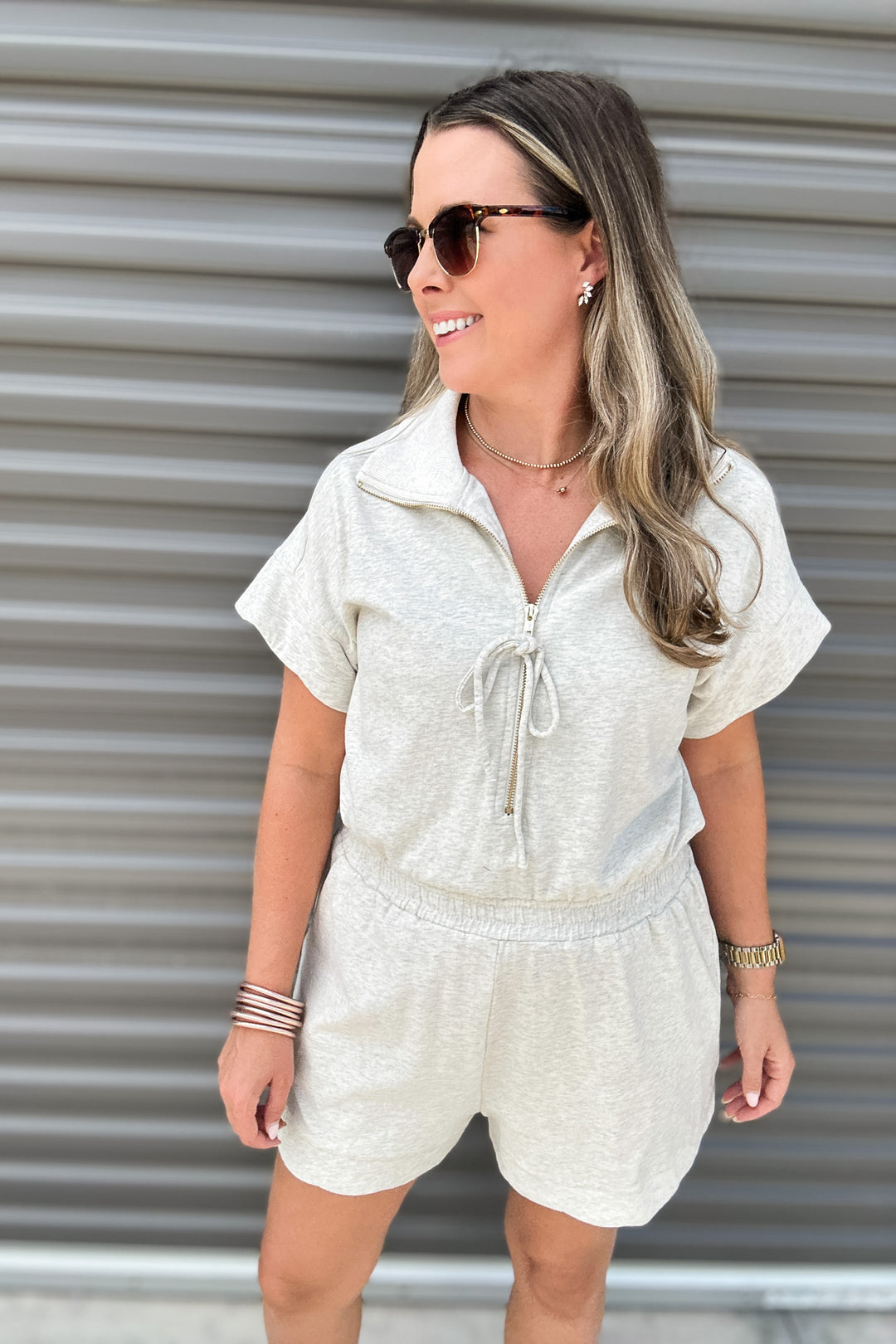 Weekend Ease Zip Bow Scallop Romper - Heather Gray