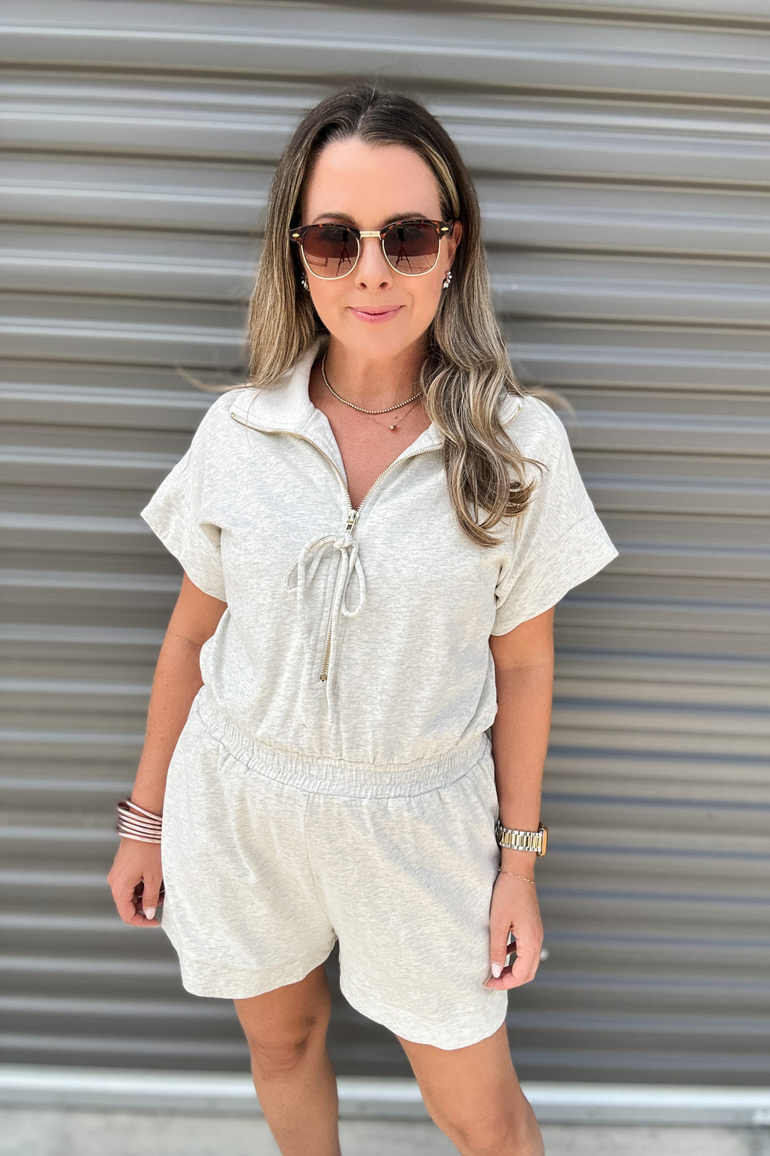 Weekend Ease Zip Bow Scallop Romper - Heather Gray