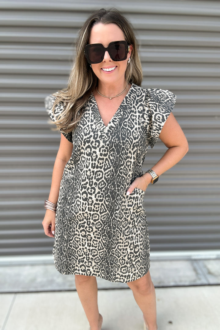 Leopard Charm Ruffle Sleeve Dress