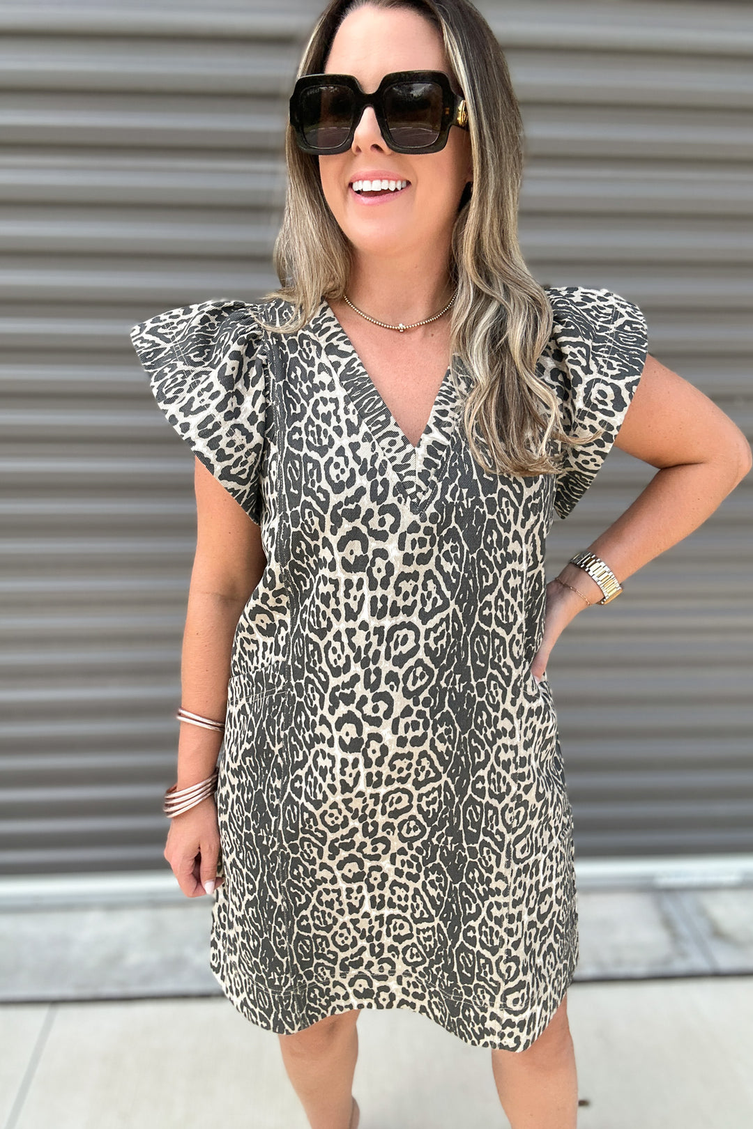 Leopard Charm Ruffle Sleeve Dress