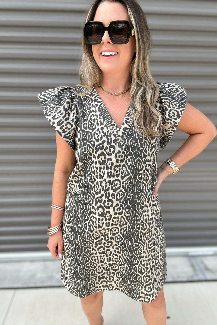 Leopard Charm Ruffle Sleeve Dress
