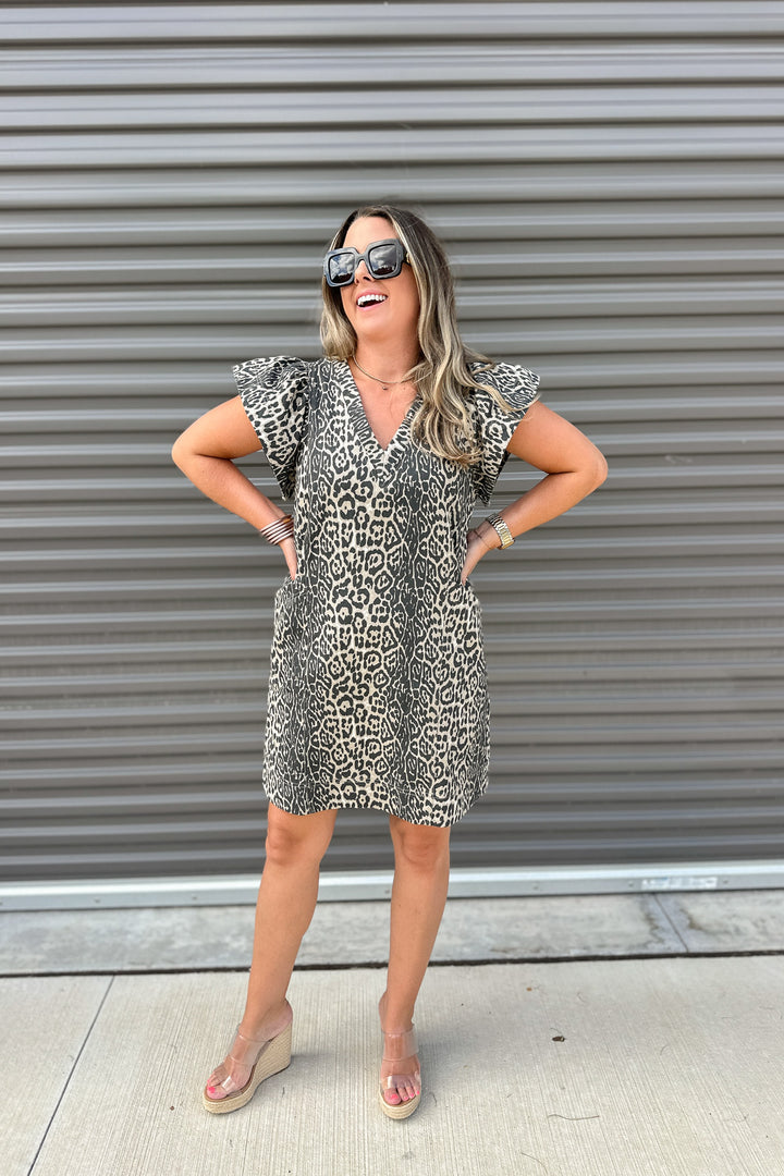 Leopard Charm Ruffle Sleeve Dress