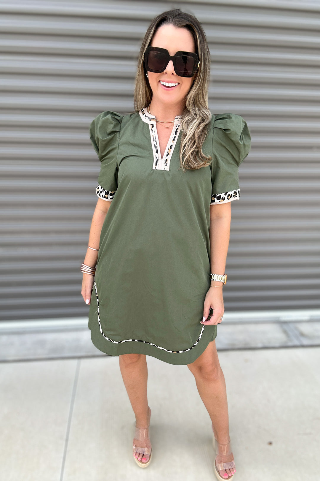Savannah Trim Puff Sleeve Dress - Olive