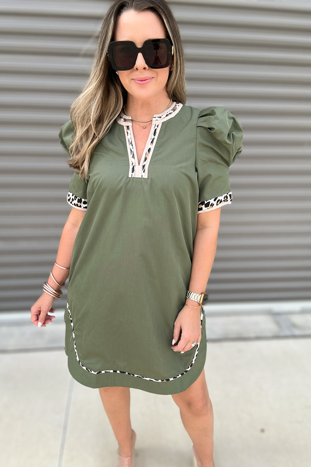 Savannah Trim Puff Sleeve Dress - Olive
