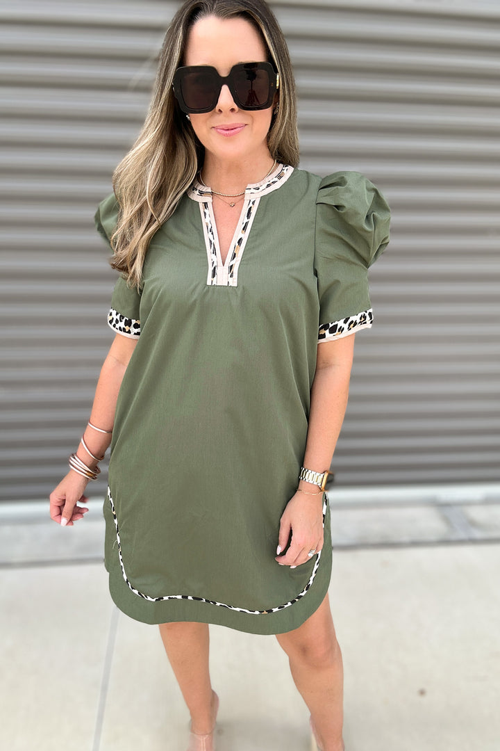 Savannah Trim Puff Sleeve Dress - Olive