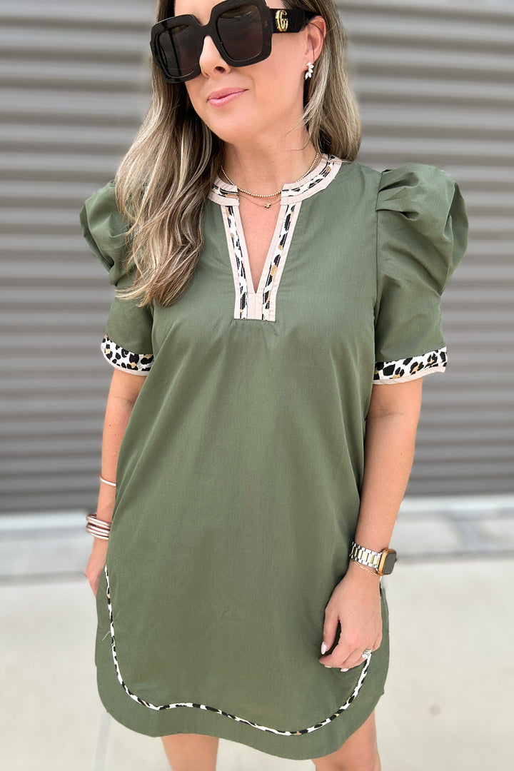 Savannah Trim Puff Sleeve Dress - Olive