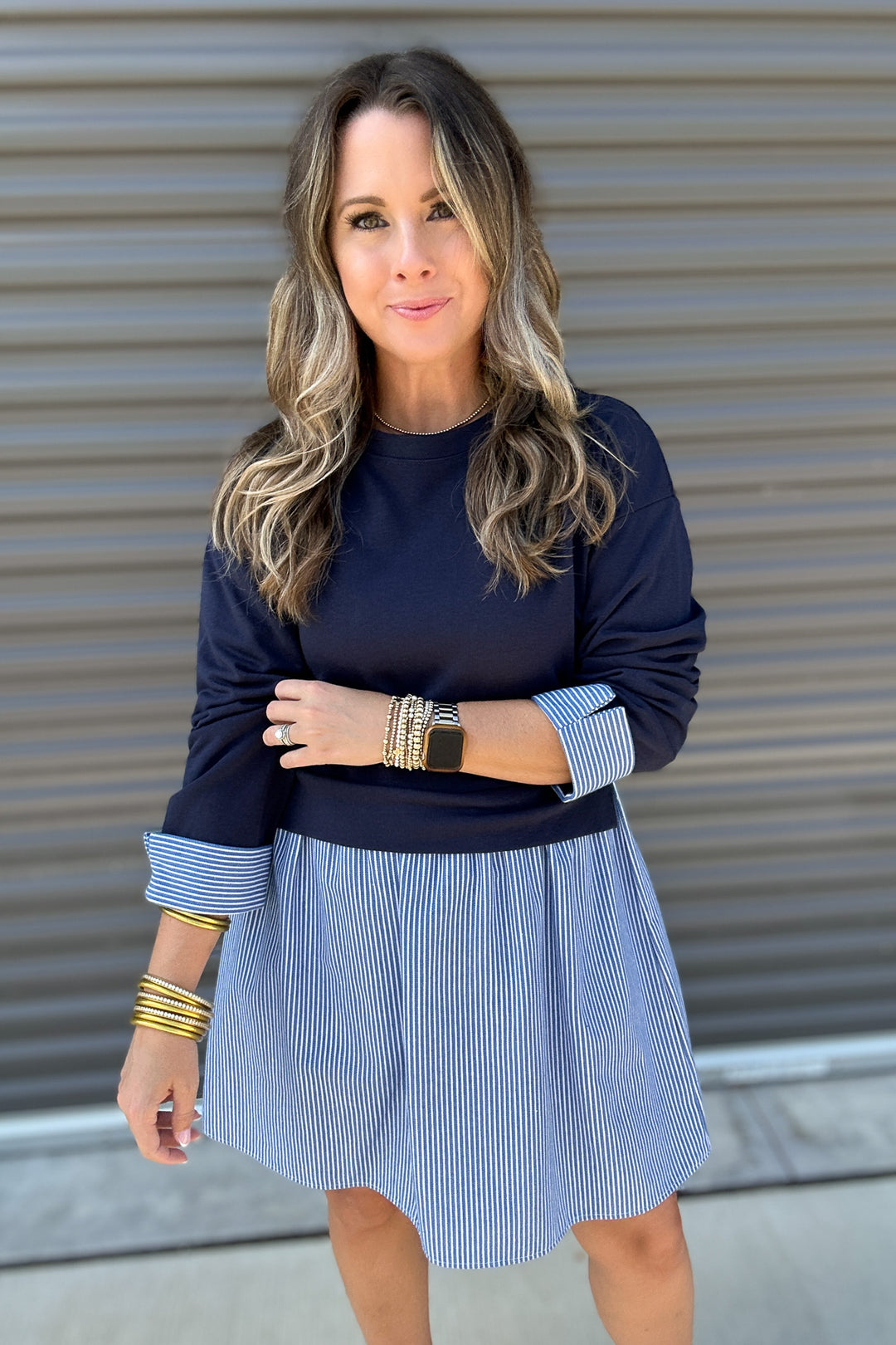 Getting Classy Mixed-fabric Dress - Navy